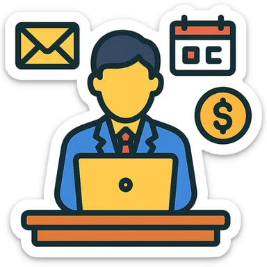 a single person working on a laptop at a desk, surrounded by icons representing different business tasks like email, calendar, money, clean professional style sticker