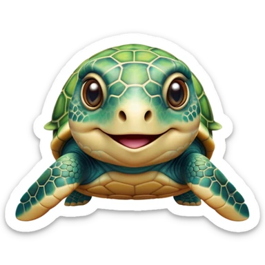 Cinematic Realistic Cute Sea Turtle Portrait Emoji, Head tilted playfully and inquisitively, featuring a compact, gentle form with a beautifully detailed shell adorned with natural patterns and a soft, expressive face with sparkling eyes, rendered with realistic textures and warm ambient light; high shine, affectionate and spirited, styled with a touch of marine whimsy, soft glowing outline, capturing the essence of a mischievous yet lovable sea turtle that seems ready to swim playfully into your arms! sticker