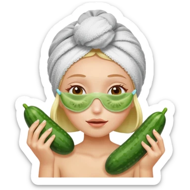Girl with towel on hair and cucumbers over eyes sticker