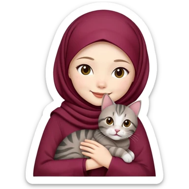 Asian white girl wearing  maroon hijab with dress holding a black grey tabby cat while smiling sticker