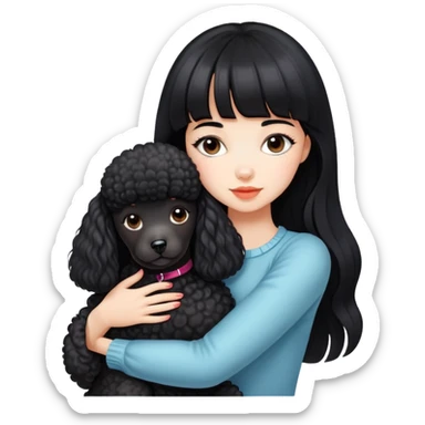A beautiful girl with long black hair and bangs hugs a poodle tightly sticker