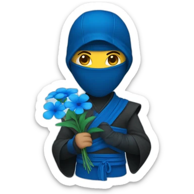 Ninja holding blue flowers & blue heart sticker