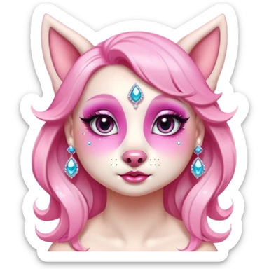 glamorous dog portrait, head and shoulders only, exaggerated pink makeup, bright eyeshadow, long eyelashes, shiny blush cheeks, sparkling face gems, glitter accents, elegant earrings, fantasy beauty style, cute 3D cartoon, mobile game icon style, clean background, no text, no watermark
 sticker