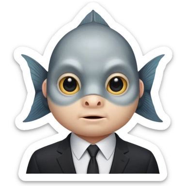 A fish man dressed in a black suit. Its face is grey fish. Just a fish. And The fish is facing upward. The fish’s neck connects smoothly with the collar of the suit. sticker