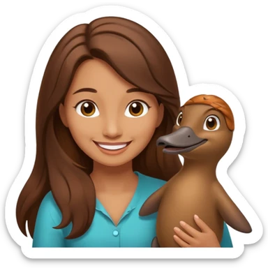 long brownhaired woman playing with platypus sticker
