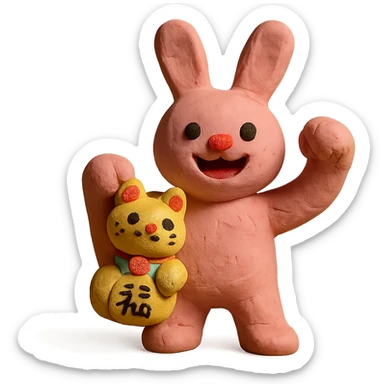 pink bunny holding lucky charm and pumping fist, claymation style sticker