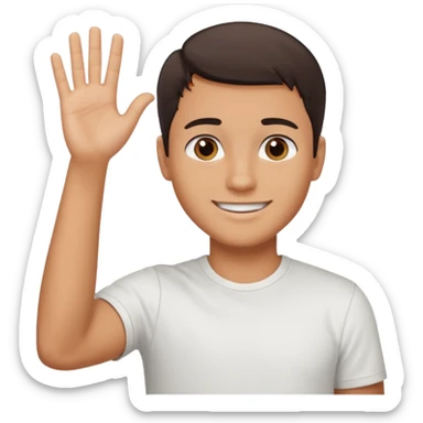 joven bronceado medio pelon oscuro muy cortito polera blanca sonrisa bonita saludando mano arriba sticker