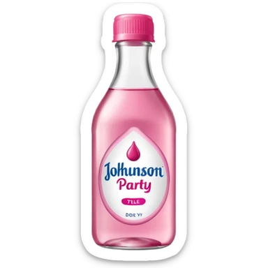 realistic Johnson and Johnson style bottle pink cap pink label clear bottle with berry party written on the logo with diddy logo leaking oil from the top sticker