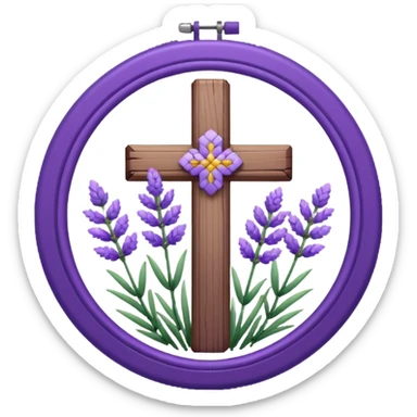 Pixelated Lavender inside a round purple-wooden Cross stitch frame  sticker