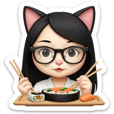 cute girl cat with long straight hair and really big square glasses with super thin frames eating sushi sticker