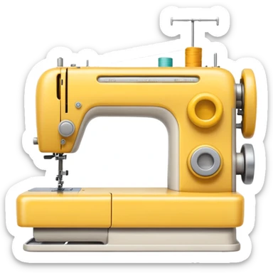 Emoji of a modern sewing machine inspired by a Brother machine. Soft, rounded shapes in the style of Apple emojis, with subtle gradients and soft shadows. White body, a yellow spool on top sticker