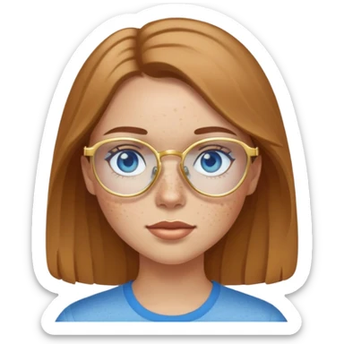 Girl with light skin, light brown hair, blue eyes, freckles, and gold glasses sticker
