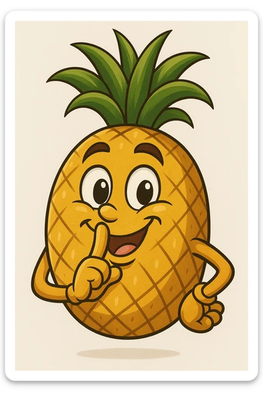 a pineapple with a finger to its lips, saying 'shhhh', expressive, humorous sticker