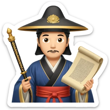 Samurai lord, Elegant noble in long robes with tall hat, holding a scroll of orders. sticker