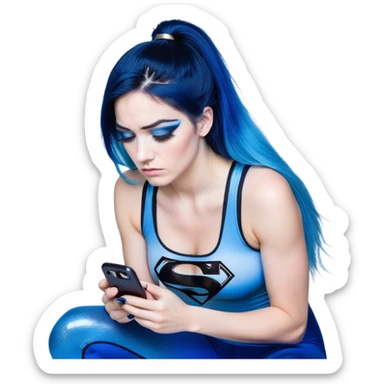Disapponted-big tears-head back texting on phone-very very large upper body-sexy face-bending forward at waist-very long very straight dark blue to light blue ombre hair-and-blue eyes-thick black eyeliner-long eyelashes-iridescent blue lowcut tanktop with black leggings with glitter superman logo sticker