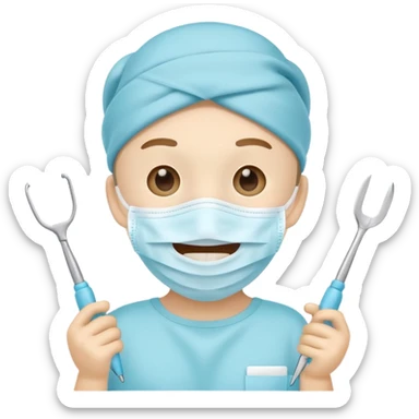 Cute tooth character wearing a face mask, holding dental tools, friendly and clean emoji style, flat illustration, simple design, white background. sticker