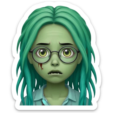 One young female green-skinned, zombie with glasses, with ombre black roots & teal tips long dreadlocks and a worried expression with a small wound near its mouth. sticker