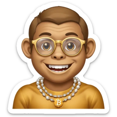 rich monkey with glasses smiling with diamond grillz and a bitcoin golden chain with diamond pearls sticker