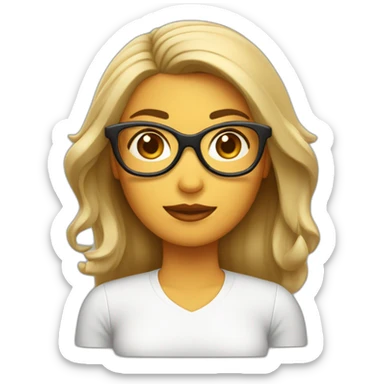 mujer blanca cachetona con cabello cafe y gafas trabajando en el portatil apple sticker