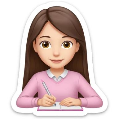 smiling long brunette hair girl hazel eyes wearing light pink clothes writing sticker