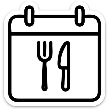 minimalistic bold black-and-white icon, square, flat, no gradients, calendar with a single fork and knife in the center, clean geometric lines, modern, inspired by Netflix and Lifesum, no background, vector style, suitable for dark and light mode sticker