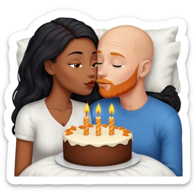 Couple is Bald white male with orange ginger beard and blue eyes kissing African American dark brown woman with long black hair

Laying in bed with birthday cake sticker