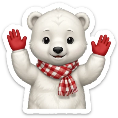 baby Polar Bear, smiling, hi five, wearing red Checkered Triangle scarf sticker