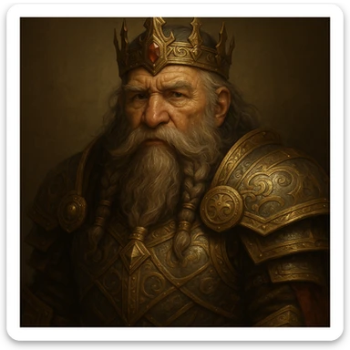 a wise dwarf king with a crown and ornate armor, fantasy style, detailed character illustration sticker