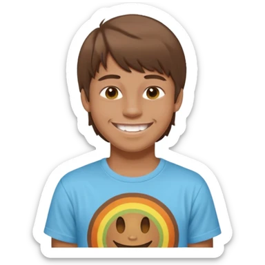 16 yr old boy, brown hair, straight, big smile, white teeth, tanned skin, bangs, hippie part sticker