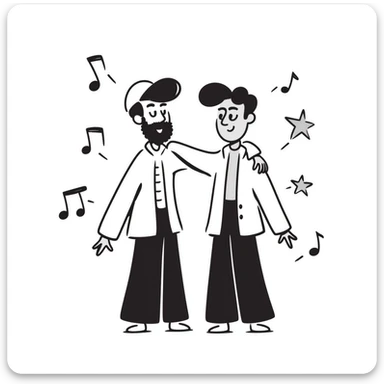 Two brothers who are musicians: a noticeably taller 35-year-old with stylized beard and backwards cap (big brother) with his arm around his shorter 25-year-old brother. Side by side, facing forward, celebrating. Music notes and stars around. Band members cheering in background. sticker