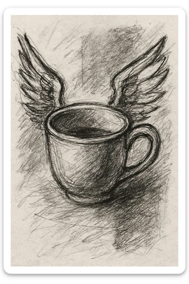 a cup with wings, pencil sketch style, as if drawn in a sketchbook sticker