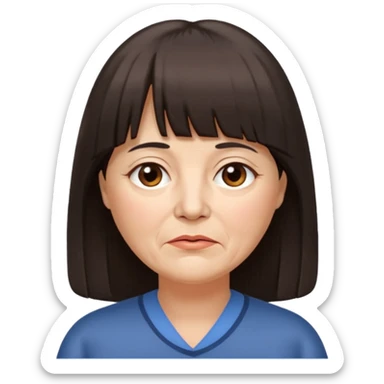 60 yr old woman, long hair down back, very small brown eyes, long hair, straight dark brown hair, bangs, chubby, long face, very tired sticker