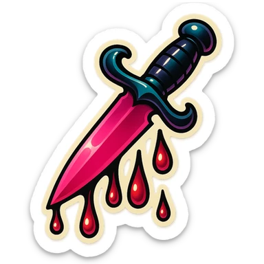 gothic knife with pink blade and dripping blood effect, retro stickers style sticker