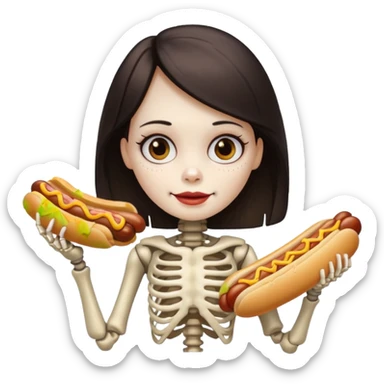 girl skeleton with hair eating a hot dog sticker