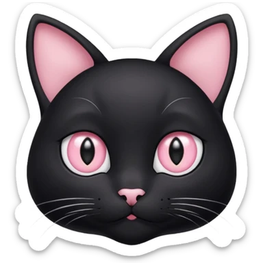a black cat with black pupils and white eyes, with soft pink ears, looking to the side in an Apple-style sticker