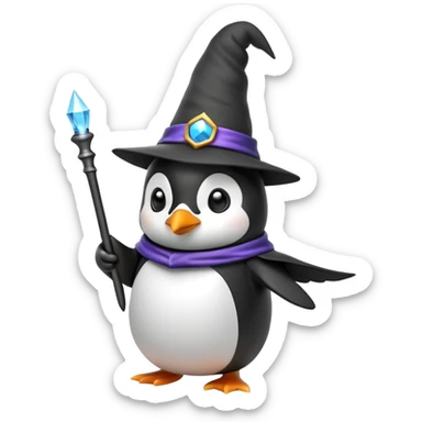 Penguin wearing a wizard hat and holding a magic wand sticker