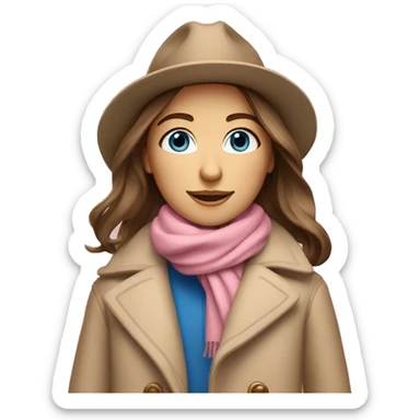 Brown straight hair blue eyes tan beige hat on white scarf pink coat  sticker