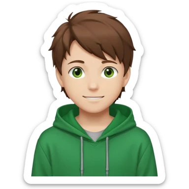 Anime teen boy with brown hair, green eyes, and a green hoodie, looking smiling slightly sideways positioned. Face must be main filling of the emoji. A little piece of hoodie can be visible. 128px sticker