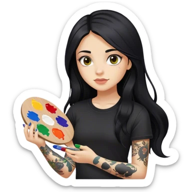 A girl with long black hair  light complexion and hazel eyes and black tattoos on right arm holding a paint palette  wearing black shirt sticker