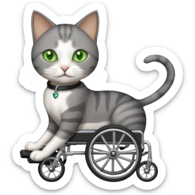 full body small short hair dark grey and white cat with green eyes walking in a wheelchair for cats sticker