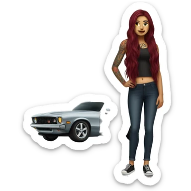 Beautiful tattooed burgundy long haired woman standing next to a car sticker