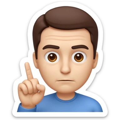 iOS-style 3D emoji: a person with slightly furrowed eyebrows, serious expression, head tilted forward, index finger raised and wagging, with motion lines around the finger to show movement sticker