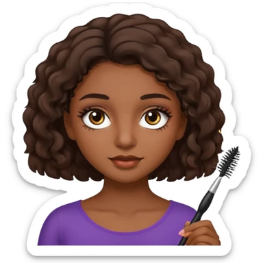 Garota parda de cabelos ondulados castanhos escuros curto aplicando máscara de cílios sticker