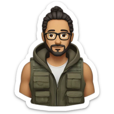 Man with a man bun,beard, and glasses. Has a tactical vest on and a hoodie. They are a Native Mexican American  sticker