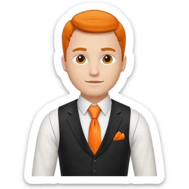 groom in white vest, orange tie sticker