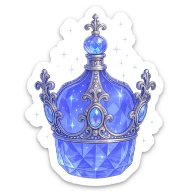 luxurious crystal elixir bottle in small crown shape, color #7986cb crown color, ornate silver and iridescent details, magical glowing and sparkling effects, very small neck, seamless bottom, transparent background, bottle clearly floating in air, no base or shadow, modern, collection style sticker