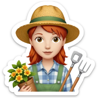 red hair gardener holding gardening tools, with hat sticker