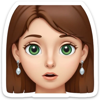 girl with gray-green eyes, brown hair, earrings, mole on cheek, surprised emotion sticker