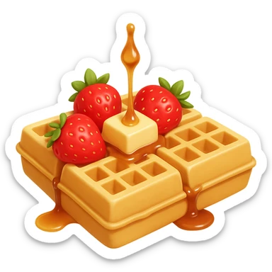 Add fresh strawberries on top of the golden waffle, keep the melting butter and maple syrup drizzle. Use soft lighting and minimal shadows. The style should resemble emoji style with no background. sticker