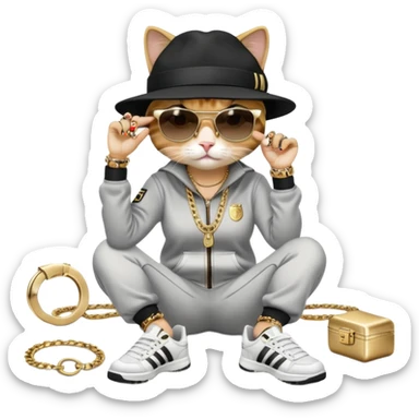 female cat dressed like Run DMC in tracksuit, fedora, Adidas shoes, dark sunglasses, lots of gold chains, rings, bracelets, earrings, lying on the ground after falling, worried look sticker